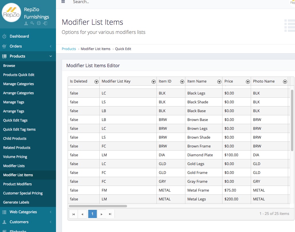 Modifier List Items RepZio iPad / iPhone Sales App